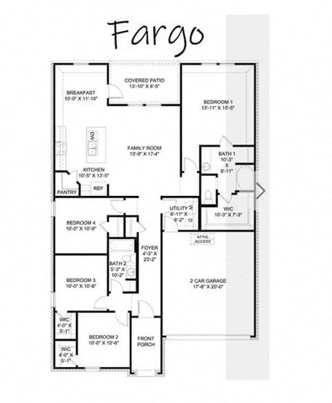 Floor plan for 4 beds, 2 baths, 1706 sqft